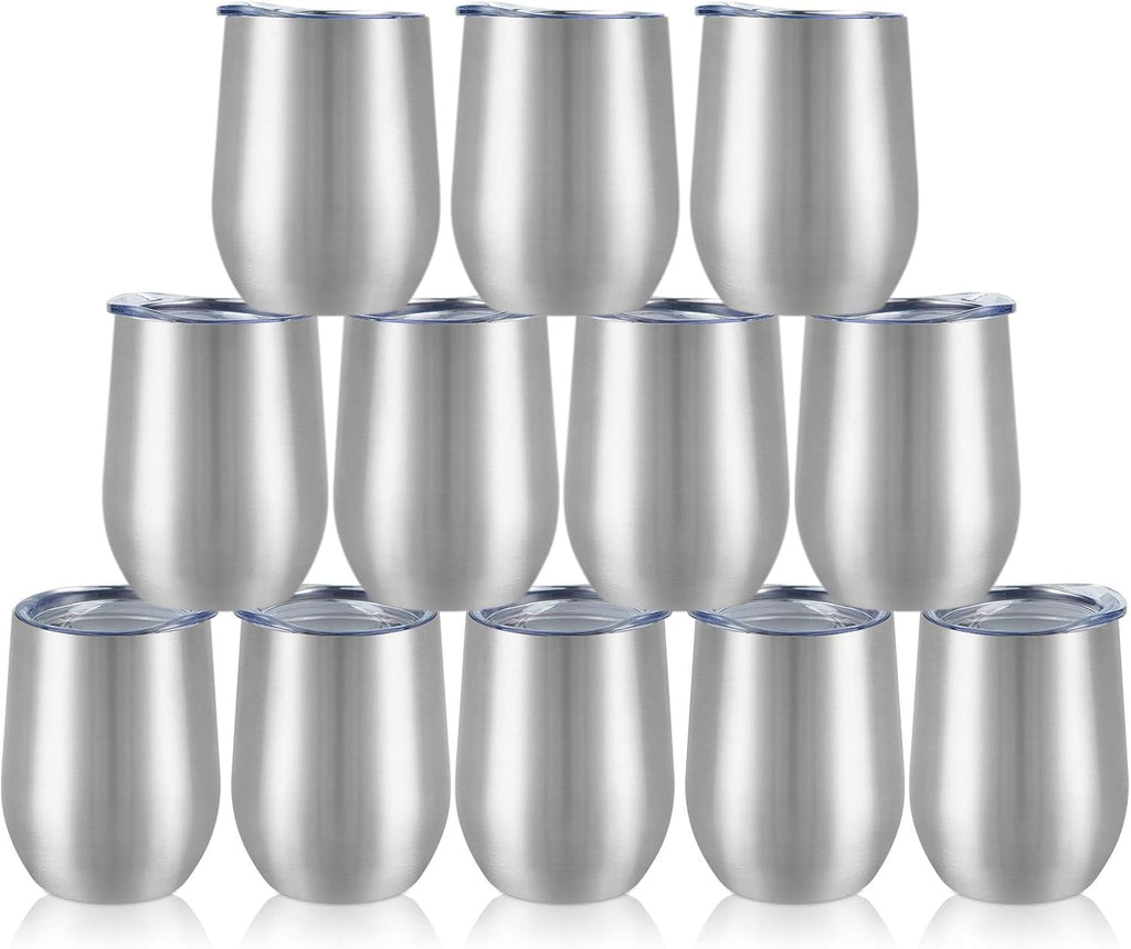 12 Pack Stainless Steel Wine Tumblers, 12Oz Double Wall Vacuum Insulated Wine Tumblers with Lids and Straws, Stainless Steel Stemless Wine Glasses for Coffee, Wine, Cocktails, Champaign, Silver - My Store