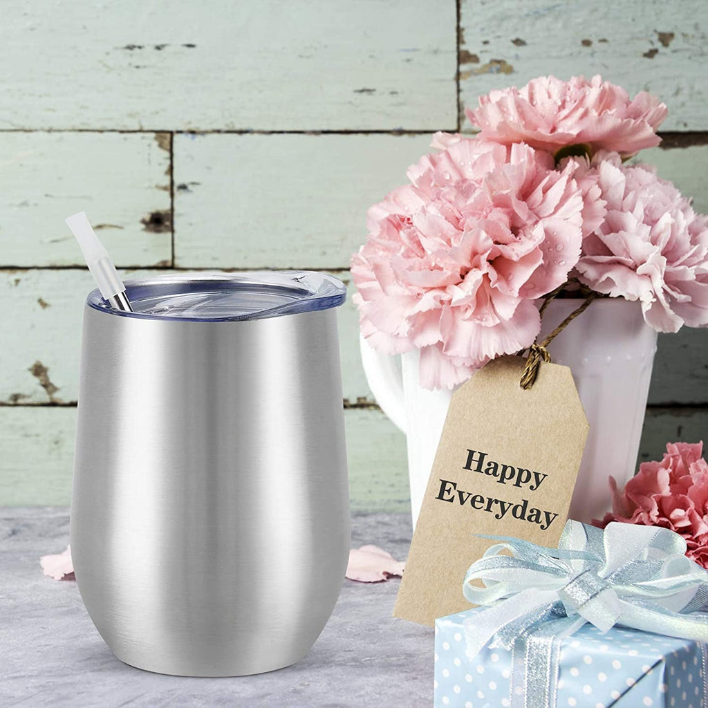 12 Pack Stainless Steel Wine Tumblers, 12Oz Double Wall Vacuum Insulated Wine Tumblers with Lids and Straws, Stainless Steel Stemless Wine Glasses for Coffee, Wine, Cocktails, Champaign, Silver - My Store