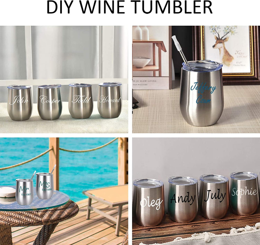 12 Pack Stainless Steel Wine Tumblers, 12Oz Double Wall Vacuum Insulated Wine Tumblers with Lids and Straws, Stainless Steel Stemless Wine Glasses for Coffee, Wine, Cocktails, Champaign, Silver - My Store