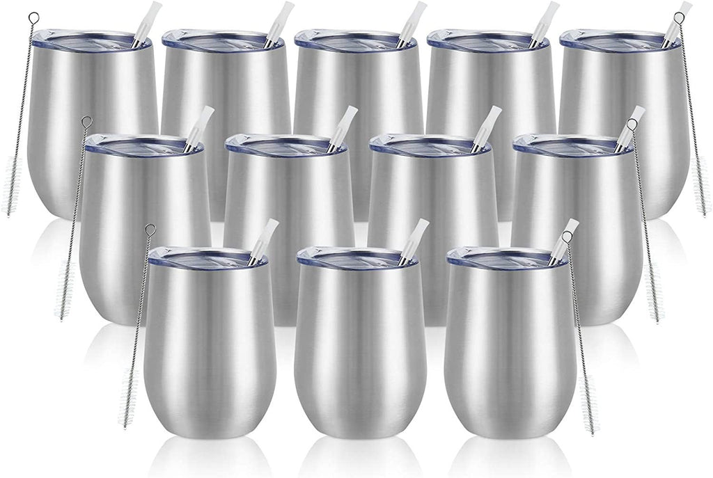 12 Pack Stainless Steel Wine Tumblers, 12Oz Double Wall Vacuum Insulated Wine Tumblers with Lids and Straws, Stainless Steel Stemless Wine Glasses for Coffee, Wine, Cocktails, Champaign, Silver - My Store