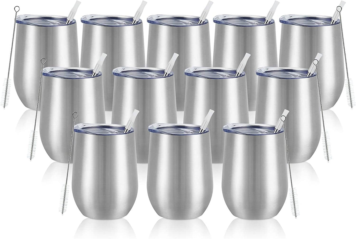 12 Pack Stainless Steel Wine Tumblers, 12Oz Double Wall Vacuum Insulated Wine Tumblers with Lids and Straws, Stainless Steel Stemless Wine Glasses for Coffee, Wine, Cocktails, Champaign, Silver - My Store