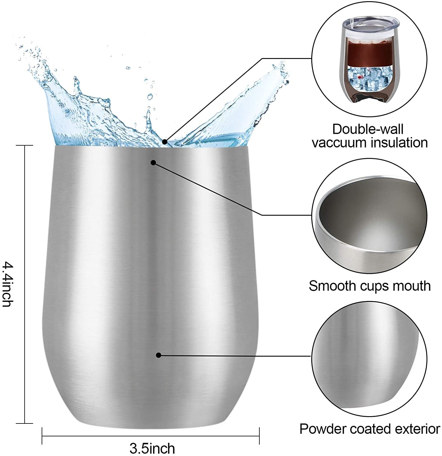 12 Pack Stainless Steel Wine Tumblers, 12Oz Double Wall Vacuum Insulated Wine Tumblers with Lids and Straws, Stainless Steel Stemless Wine Glasses for Coffee, Wine, Cocktails, Champaign, Silver - My Store